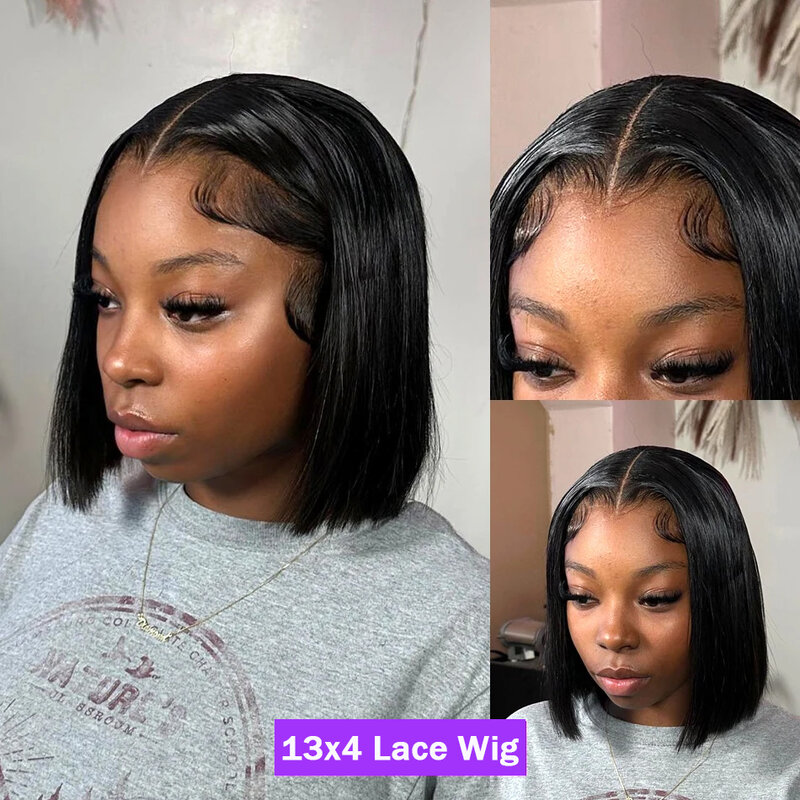 Perruque Bob Lace Front Wig Remy Brésilienne Naturelle, Cheveux Courts, Lisses, 13x4, 4x4, Pre-Plucked, pour Femme Africaine