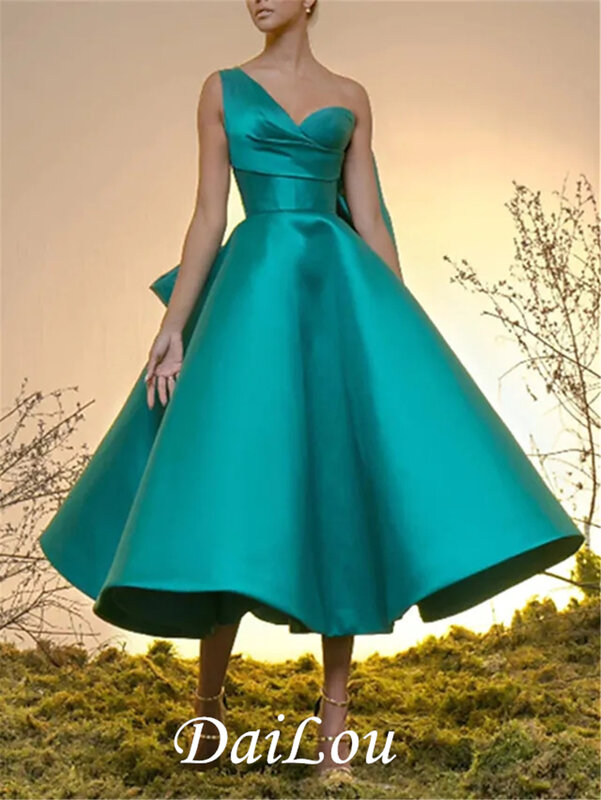 Ball Gown Luxurious Elegant Homecoming Cocktail Party Dress One Shoulder Sleeveless Tea Length Satin with Bow(s) 2022