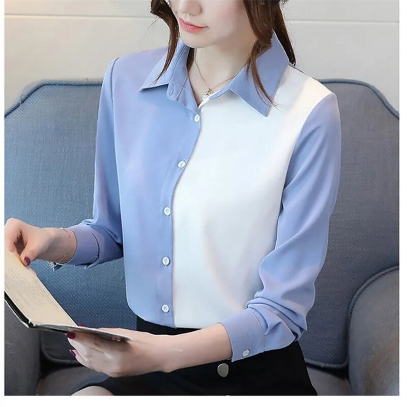 Camisa de gasa de manga larga con cuello levantado para mujer, cárdigan de corte holgado, chaqueta de Blusa con bloqueo de Color, novedad coreana, primavera y otoño