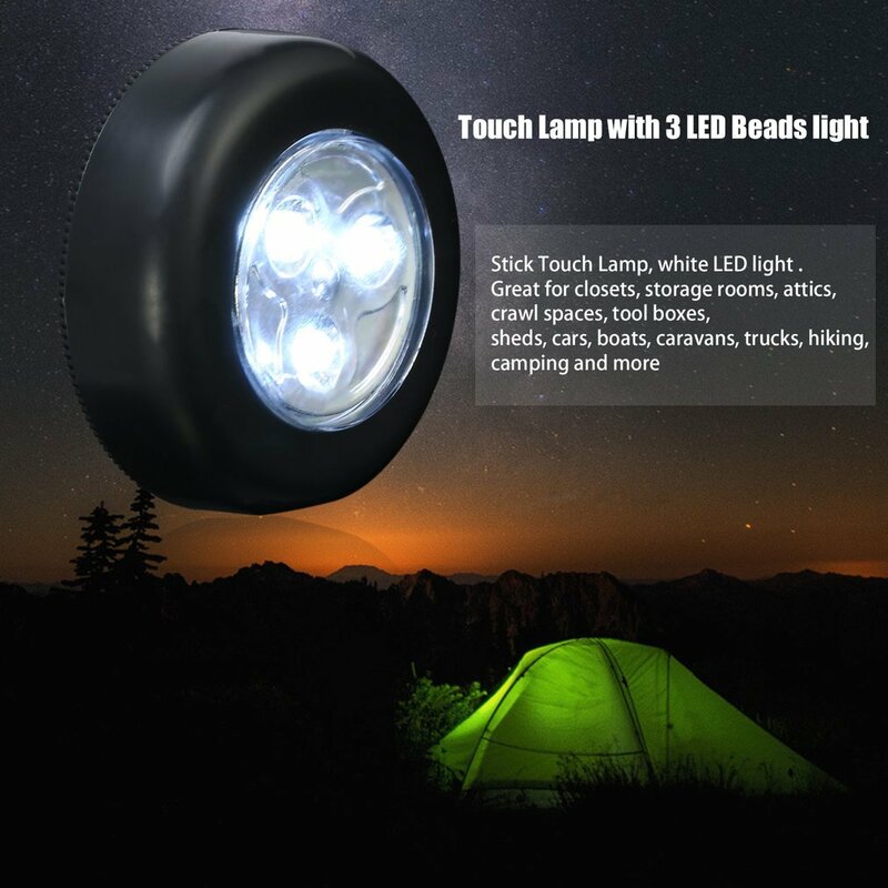 3 LED Touch Control Night Light Round Lamp Under Cabinet Closet Push Stick On Lamp Home Kitchen Bedroom Automobile Use