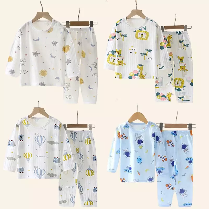 Conjuntos de pijamas de algodão infantil, roupas infantis, manga curta e longa, roupas de casa, menino e menina, tops e calças outono e inverno