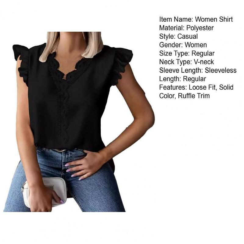 Women Summer Shirt V-neck Ruffled Sleeves Lace Splicing Pullover Tops Solid Color Loose Fit Blouse Streetwear