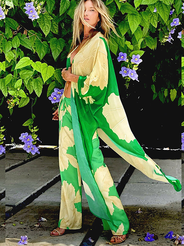 Cache maillot de bain en mousseline de soie, kimono vert, imprimé floral, style boho, tunique pour la plage, kaftan, surdimensionné, vêtements de plage, 2023