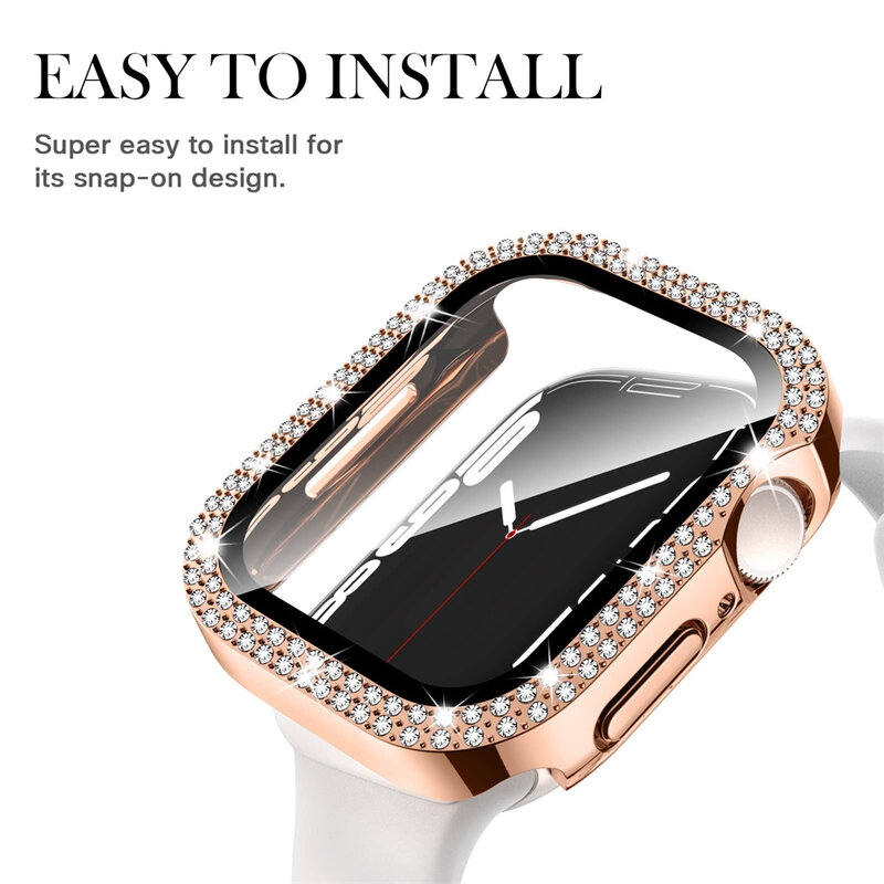 Verre Bling et couvercle pour Apple Watch, pare-chocs en diamant pour femme, protecteur d'écran, iWatch Series 7, 9, 8, 5, 6, SE, 44mm, 45mm, 41mm, 40mm