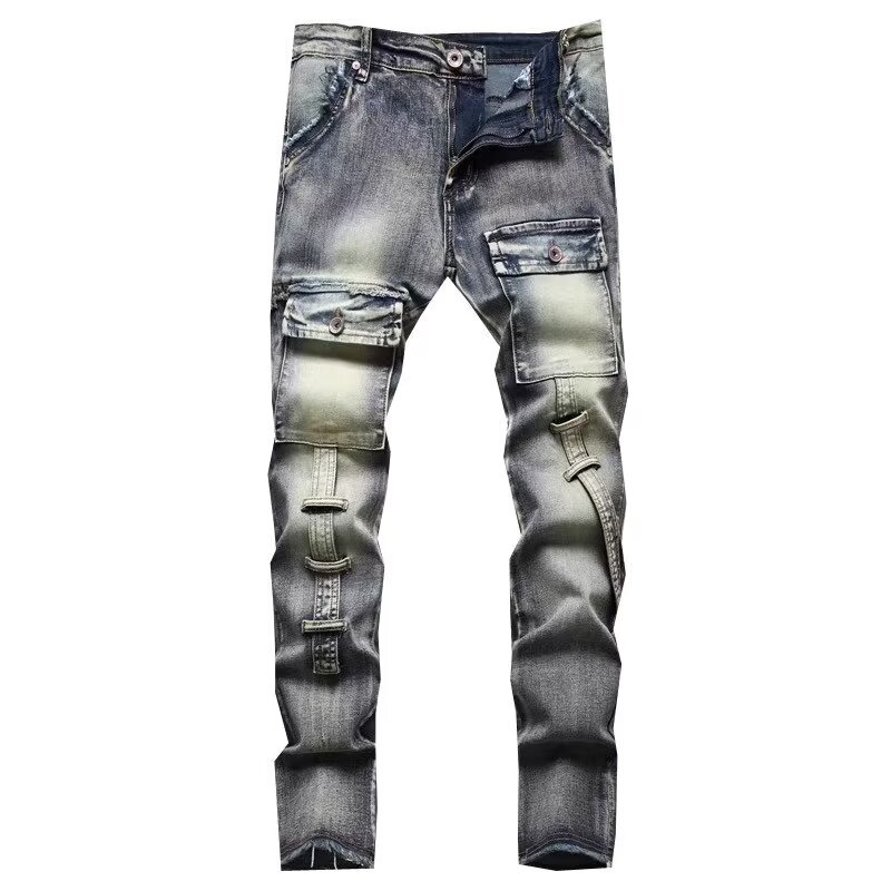 Jeans de perna reta pequena masculina, calça jeans masculina, pano rasgado, elástico, design original, europeu, tendência americana, moda, 2024