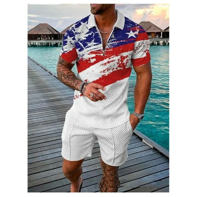 Setelan pakaian olahraga pria motif bendera elang Amerika kaus Polo ritsleting kasual dan celana pendek set 2 potong pakaian jalanan Pullov pria
