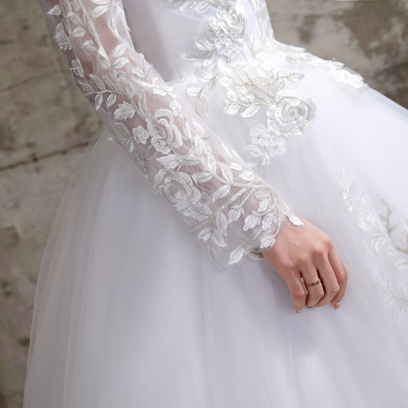 Applqiue Vestido De Noiva Long Sleeve Wedding Dress Open Back Vestidos De Novia