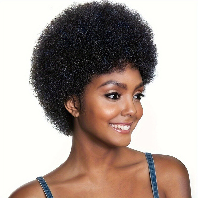 Bezgluowe puszyste Afro peruka z kręconych włosów typu Kinky dla czarnych kobiet Remy brazylijskich ludzkich włosów krótkie, bezczelne peruki naturalna brązowa burgunda