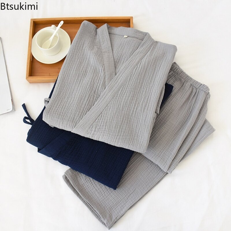 ชุดกิโมโนสีพื้นสำหรับผู้ชาย, ชุดนอน2ชิ้นสไตล์ญี่ปุ่นเสื้อเครปผ้าฝ้ายเรียบง่ายไซส์พิเศษลูกไม้กางเกงชุดบริการที่บ้าน