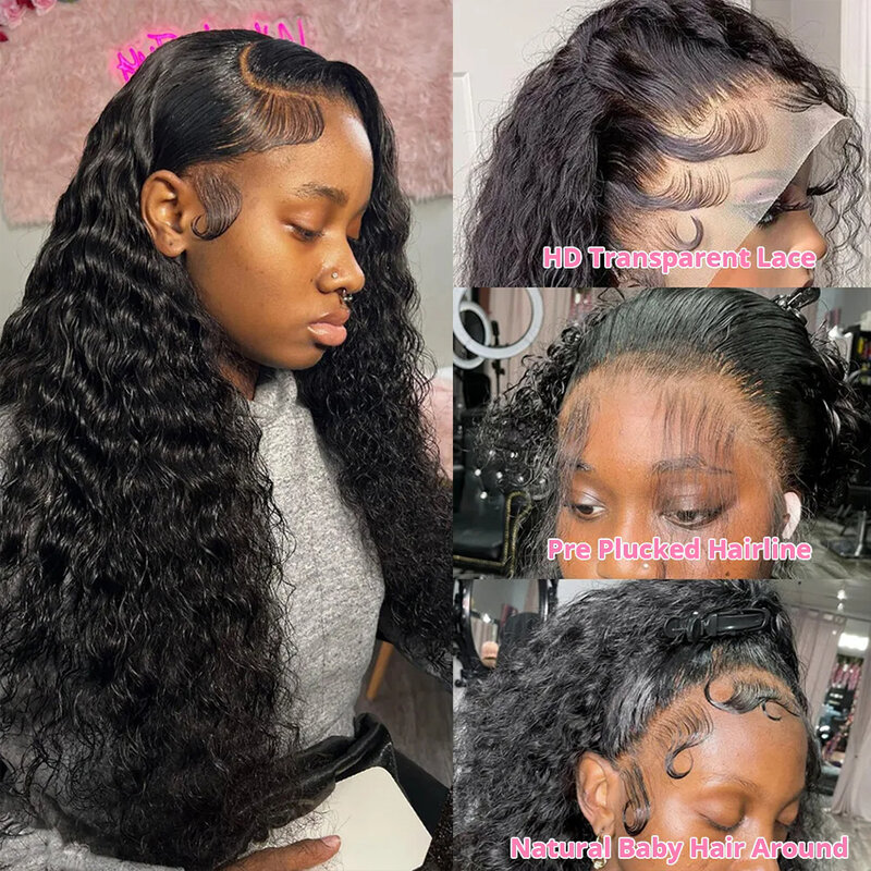 Glueless Deep Wave Lace Frontal Wig para mulheres, perucas encaracoladas transparentes, cabelo humano, pronto para ir, 180%, 13x4, 5x5, 180%
