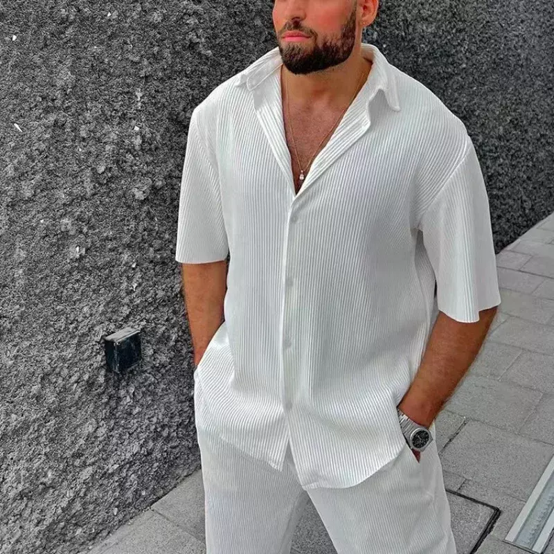 Męskie zestawy luźny strój plażowy w jednolitym kolorze koszula męska z krótka, w paski rękawami zestaw dwuczęściowy