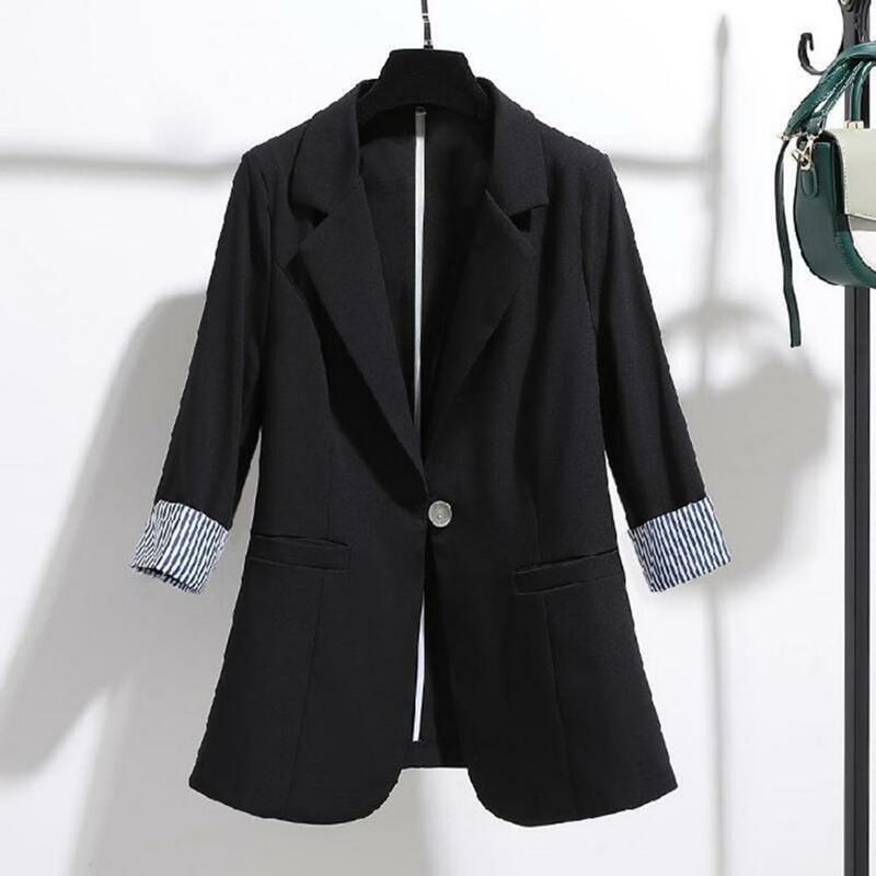 Jaket jas satu kancing wanita, jas mantel panjang sedang elegan dengan kerah lipat lengan tiga perempat tunggal untuk Formal