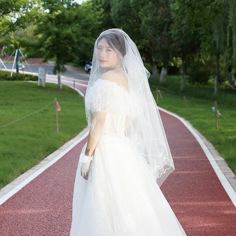 Minimalist One-Layer Women Long White Wedding Veil Water-Soluble Mesh Yarn Wavy Ribbon Trim Cathedral Bridal Veil Without