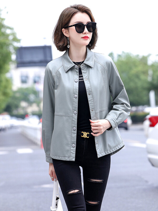 New Women Shirt Style Leather Jacket Spring Autumn Fashion Casual Turn-down Collar Split Leather Tops Coat Loose Outerwear