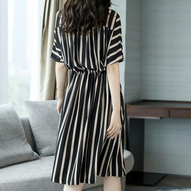 Loose Korean Dress Women Summer O-neck Half Sleeve Slant Pockets Tunic Dress Casual Vertical Striped Print Midi Dress