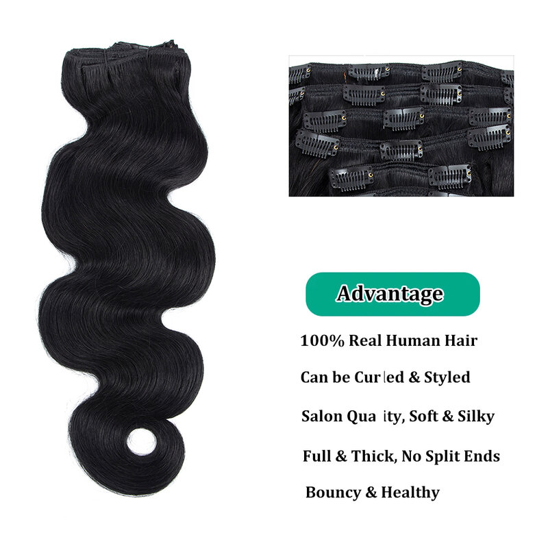 Lovevol-extensiones de cabello con Clip de cabeza completa, 160G, piezas de cabello Remy de máquina europea, Clip de cabello humano 100% Natural Real en negro ondulado