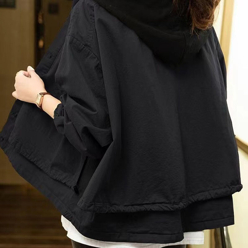 Spring Autumn Hooded Versatile Loose Jacket Women's Solid Button Pocket Patchwork Contrasting Shor Coat Female Casual Ladies Top