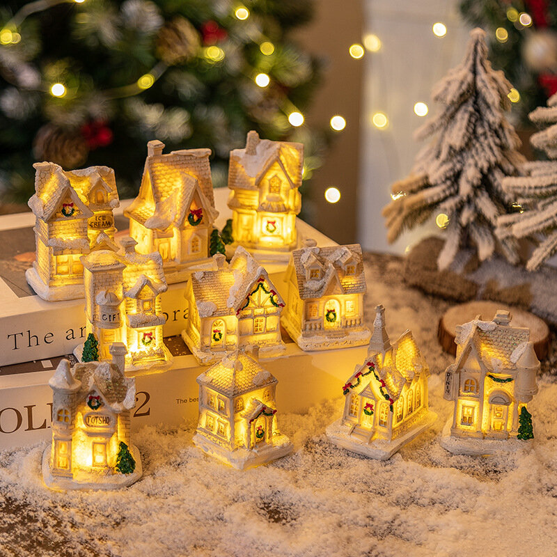 크리스마스 송진 작은 집 LED 발광 집, 크리스마스 마이크로 풍경 장식품, 크리스마스 선물