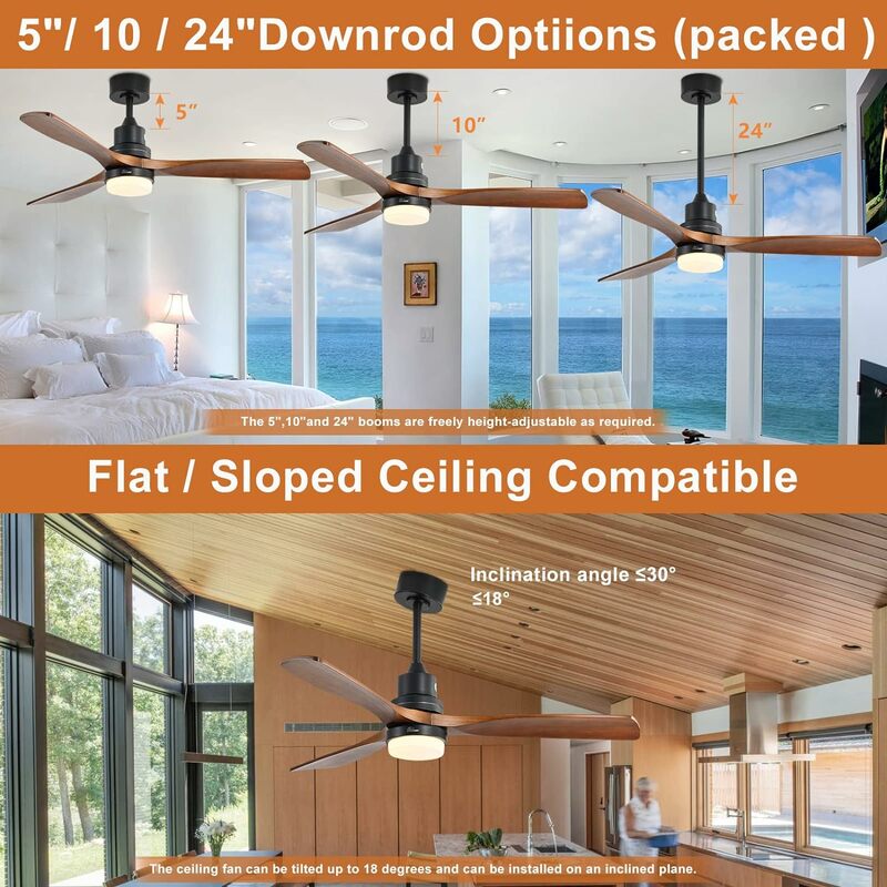 Sofucor 52" Ceiling Fan with Lights Remote Control, 3 Poles for Indoor Outdoor Ceiling Fan with Remote, Reversible Noiseless