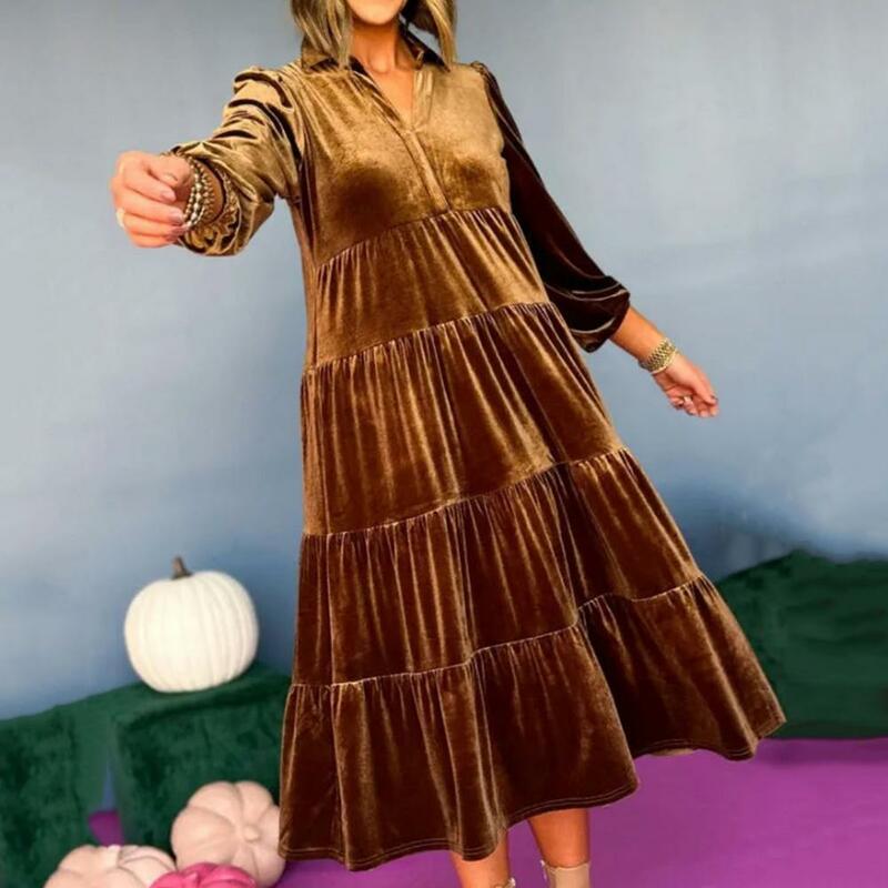 Женское бархатное платье-трапеция средней длины, с V-образным вырезом и длинным рукавом