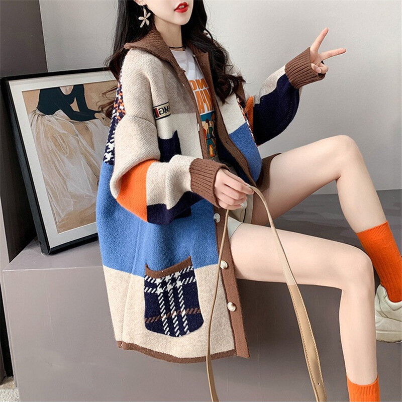 SUSOLA-cárdigan largo con estampado de contraste para mujer, suéter de gran tamaño con botones y bolsillo, chaqueta de calle, abrigo de otoño e invierno