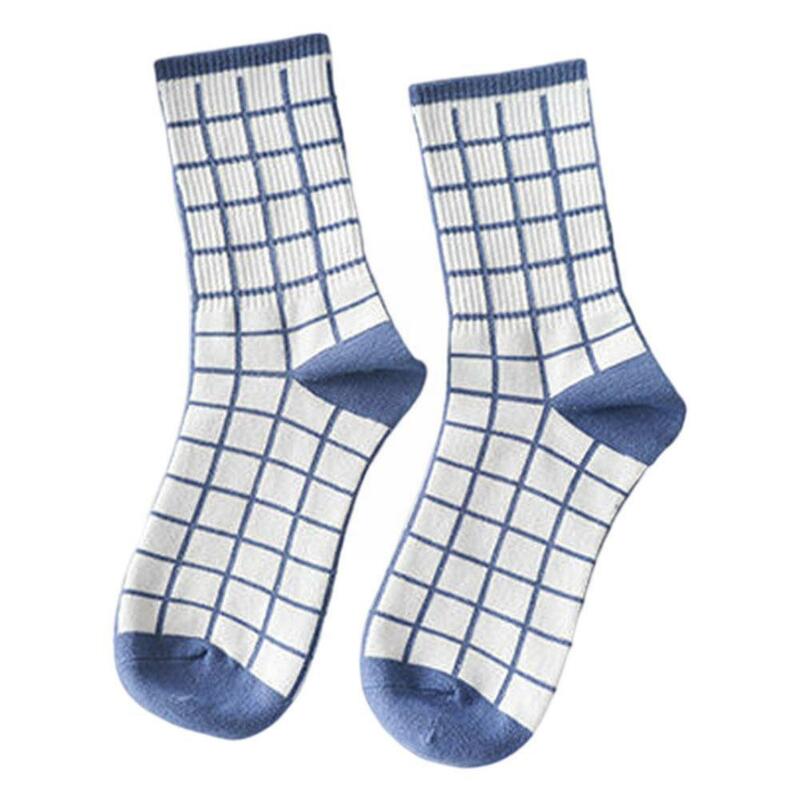 Женские носки с мультяшным медведем, осенне-зимние Синие Клетчатые хлопковые носки с японским счастливым подарком для студентов, корейская мода, T4q0
