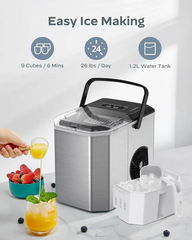 Silonn Ice Maker Countertop, Stainless Steel Portable Ice Machine with Carry Handle, Self-Cleaning Ice Makers with Basket