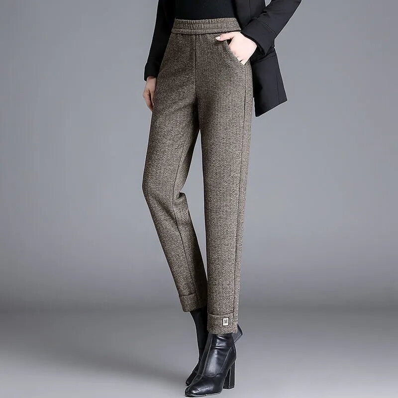 Celana wol berpinggang tinggi untuk wanita, celana panjang setumit kasual longgar Harlan pinggang tinggi musim gugur dan dingin 2024