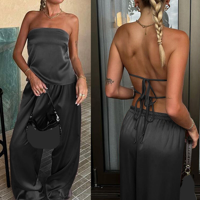 New Women's Y2K Satin 2Piece Outfits Bandage Lace-up Backless Bandeau Tops + Wide Leg Long Pants Set Streetwear Aesthetic Suits