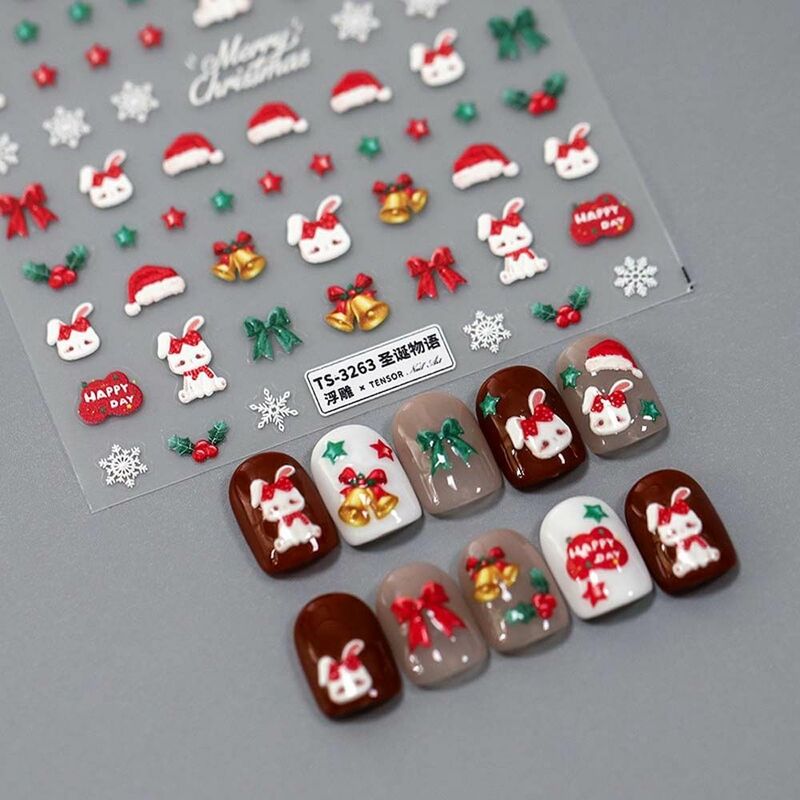 Merry Christmas Nail Art Sticker 3D Sliders Snowflake Elk Snowman Rabbit Decals Nail Decorations for Manicure Accessories
