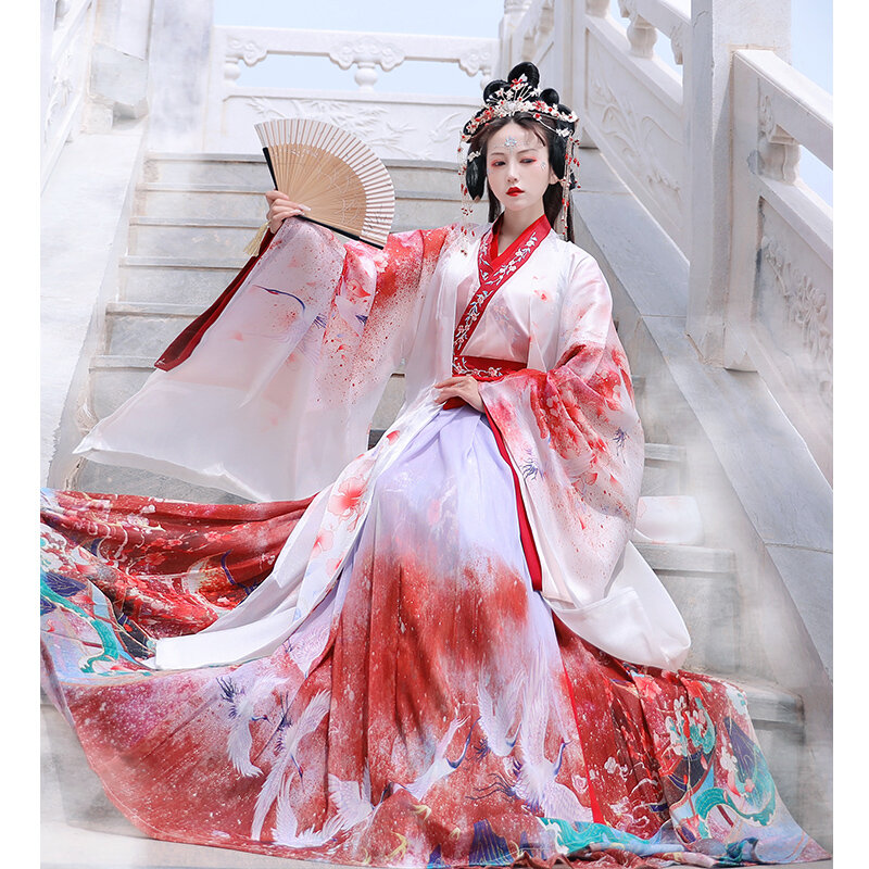 สไตล์จีน Hanfu สีแดงสีม่วงสีขาว Cosplay ชุดเครื่องแต่งกายสำหรับผู้หญิงเวทีสวมใส่ Folk Dance Robe Cross-Ccollar สำเร็จการศึกษา