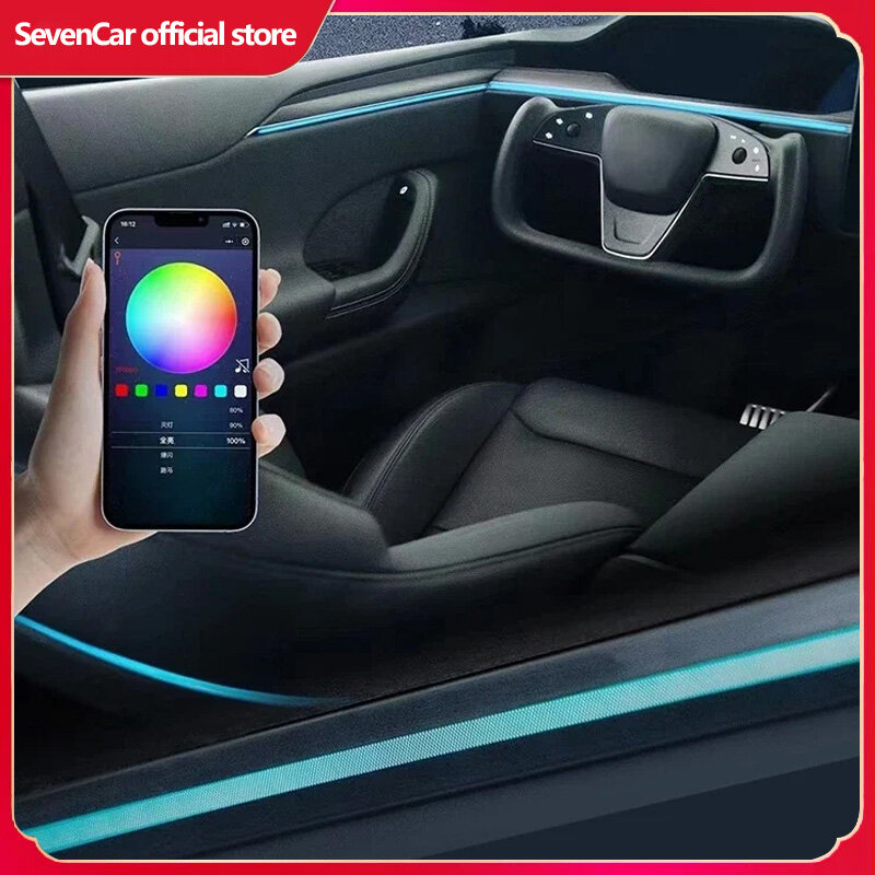 Lampu suasana pintu mobil, lampu suasana LED Laser untuk Tesla Model X 128 warna, kontrol Bluetooth, lampu suasana pintu mobil