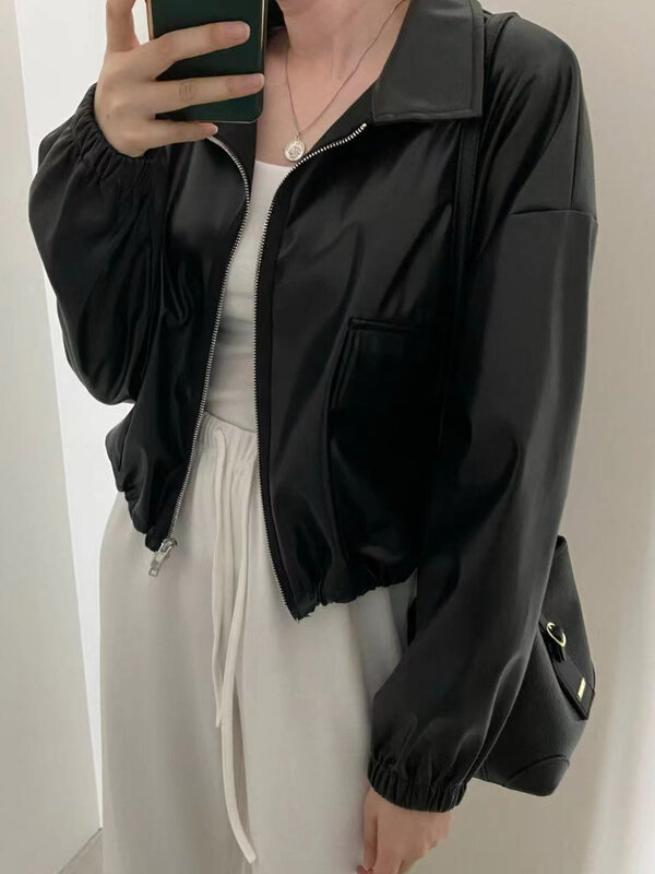 Preto coreano jaqueta de couro do falso feminino casual solto duplo zíper motociclista jaquetas 2022 bolsos de inverno design moda casacos casuais