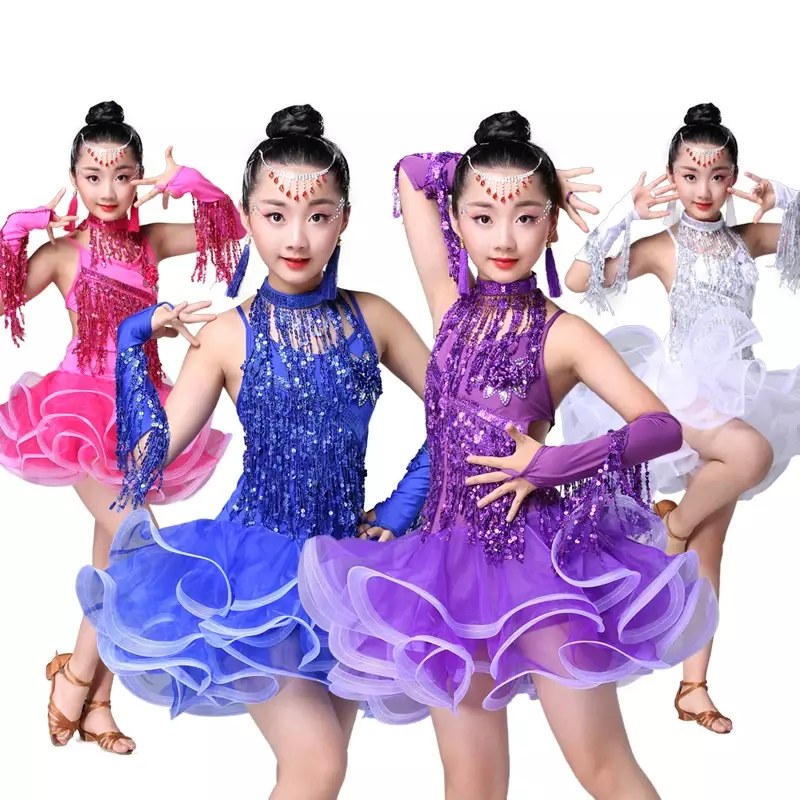 Dziecięcy kostiumy do tańca łaciński latynoska spódnica dziecięcy cekiny wykonujące konkurs kostium dla dziewcząt sukienka z frędzlami do tańca salsy