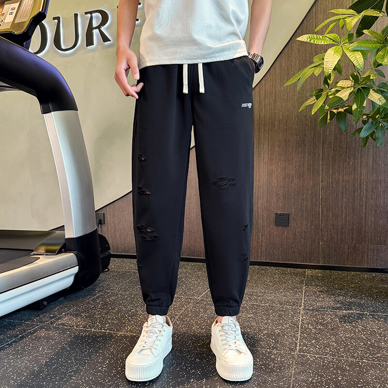 Spring Summer Men's Ripped Hole Sweatpants Casual Thin Breathable Trousers Ankle-Length Elastic Waist Tapered Joggers Pant Man