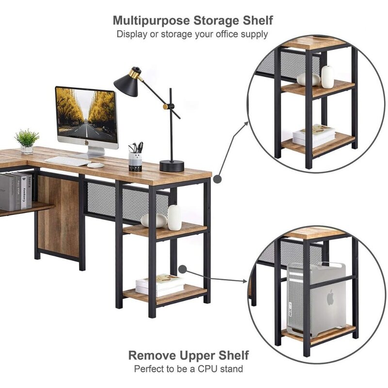 Bureau d'ordinateur en forme de L, bureau industriel avec étagères, bureau d'angle réversible en bois et métal pour le bureau à domicile