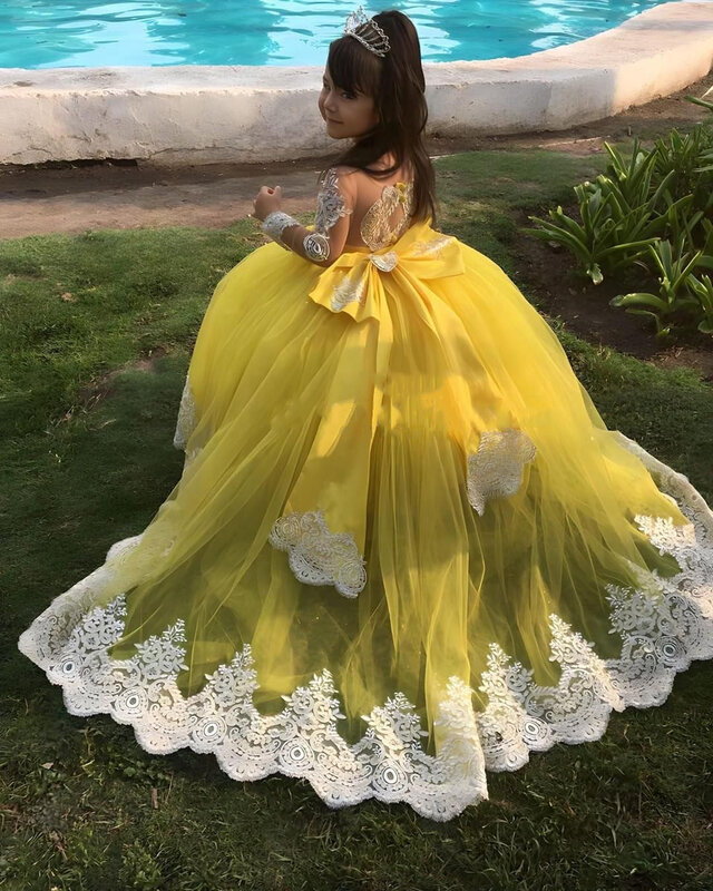 Yellow Flower Girl Dress For Wedding Tulle Fluffy Applique Full Sleeve With Bow Child's First Eucharistic Birthday Party Dresses