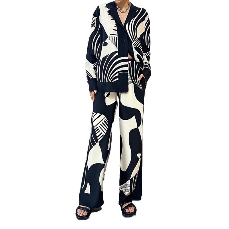 Women's Digital Printed 2-Piece Long Sleeve Shirt Top Loose Straight Pants Suit Chic Lapel Fashion Streetwear 2024 New Style