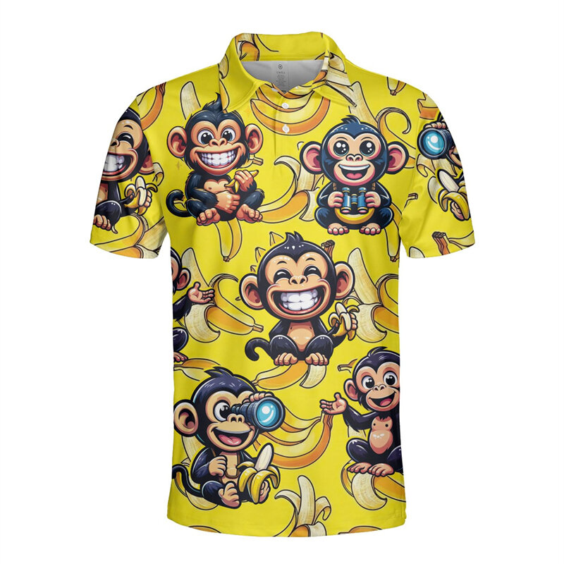 เสื้อโปโลพิมพ์ลายลิง3D สำหรับผู้ชายแฟชั่นเสื้อ kemeja lengan pendek โอเวอร์ไซส์เสื้อกอล์ฟลำลองมีกระดุมเสื้อทีเชิ้ตตลก