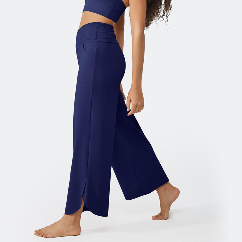 Celana kaki lebar wanita celana olahraga Yoga rumah harian Solid celana potong katun lurus kasual pinggang tinggi elastis