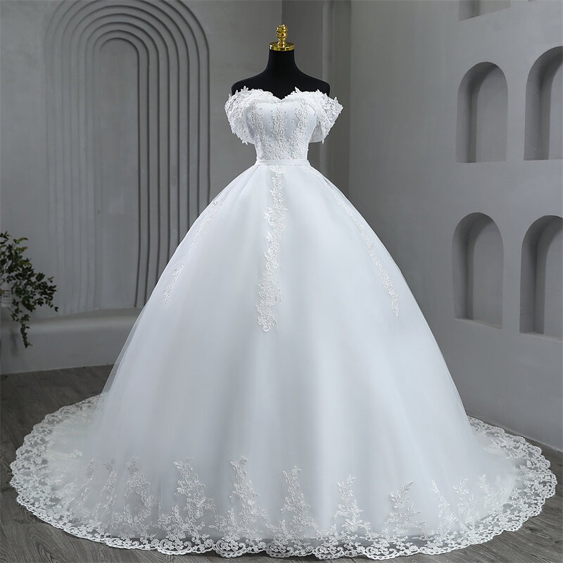 Plus Size białe suknie ślubne suknie ślubne z ramienia elegancka, długa aplikacje perły suknia ślubna podłogę lub długi pociąg