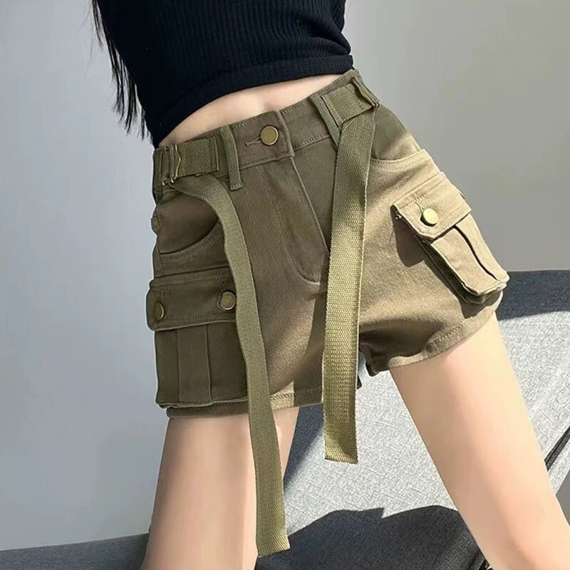 Y2K celana pendek Denim wanita, celana pendek kargo bersaku besar gaya Korea pakaian jalanan A-Line jins kaki lebar