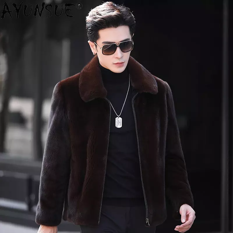 AYUNSUE-Casaco de pele de vison real masculino, jaqueta de negócios masculina, casacos e jaquetas de pele cor pura, luxo, casual, inverno, 2023