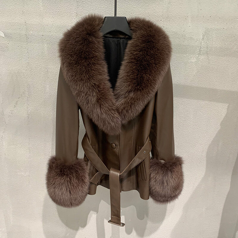 2022 New Lady เสื้อแจ็คเก็ตหนังแท้ Fox Fur Collar Cuff เข็มขัดนิรภัยเข็มขัดแฟชั่น Streetwear Sheepskin หนัง Coats ฤดูใบไม้ร่วงฤดูหนาว FG5077