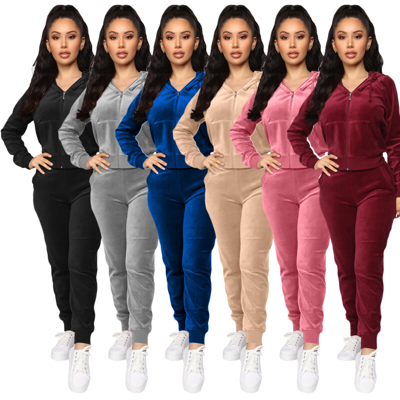 Women's Velvet Hooded Zipper Sweater Elastic Waist Trousers Two-piece Set Fashion Personality Trend Clothing Two-piece Slim Suit