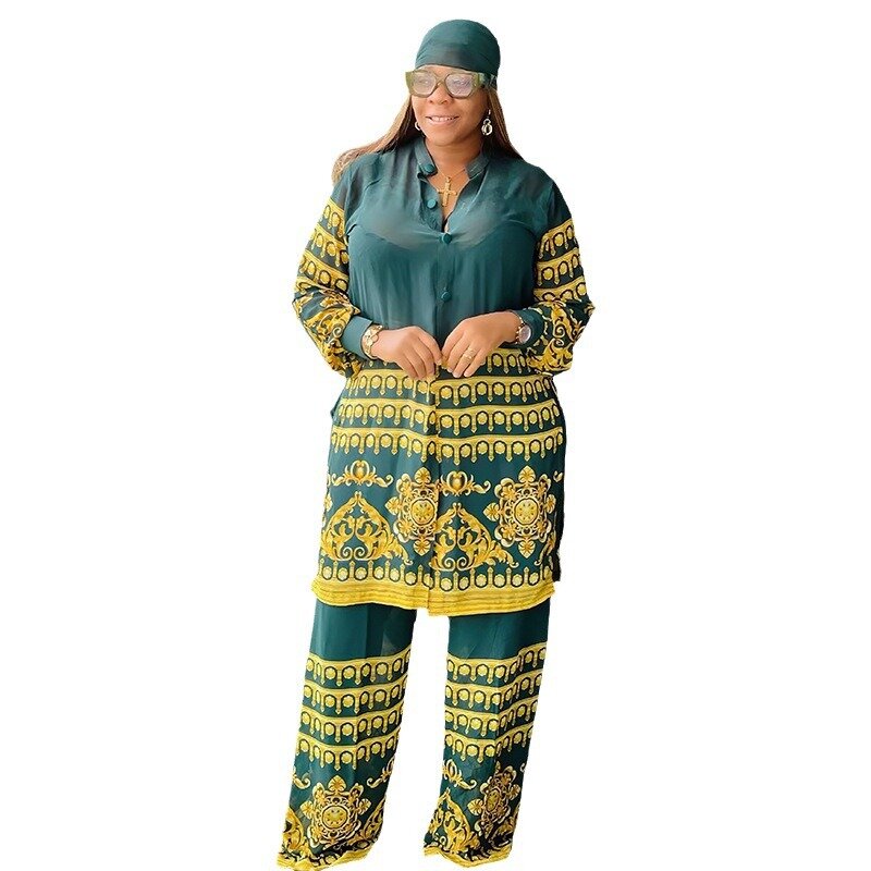 Chiffon Two Piece Women Set Dashiki African Clothes Summer Outfit See Through Printed Long Sleeve Shirt Top Wide-leg Pants Suit