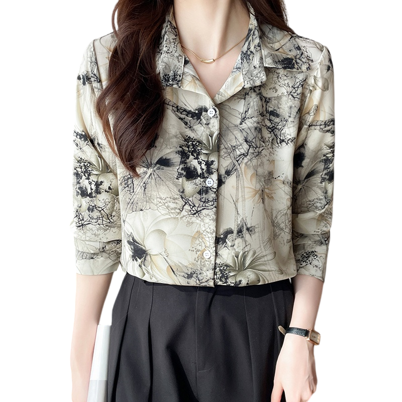 2024 New Design Sense French Fashion Shirt Vintage Ink Painting Style Flip Collar Printed Long Sleeved Shirts Female Clothing