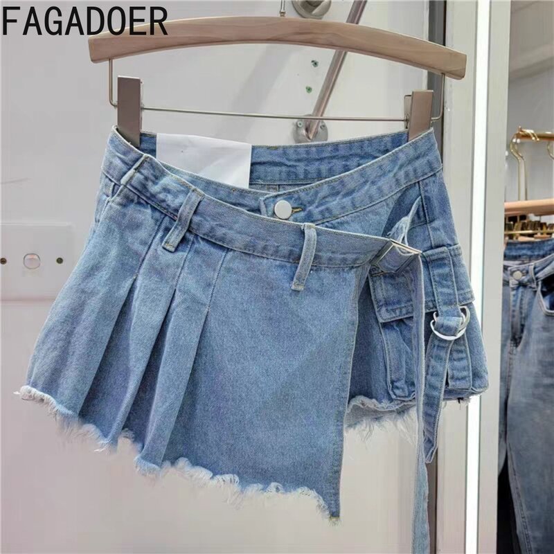 Fagadoer-女性のためのプリーツデニムスカート、ハイウエスト、ポケットタッセル、ショーツ、女性のストリートウェア、キャンディーカラー、ファッション、新しい、y2k、夏