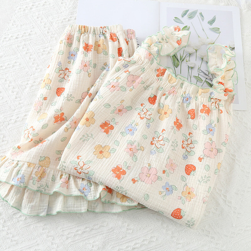 Musim panas Floral kamisol celana pendek lengan pendek Set piyama untuk wanita mode santai nyaman pelajar manis pakaian tidur rumah
