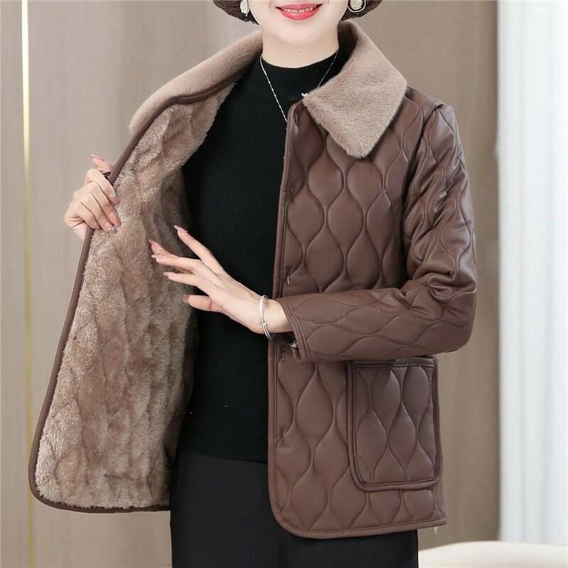 Abrigo de algodón y cuero para mujer de mediana edad, chaqueta cálida de ocio, ropa de abrigo sin lavado, moda de otoño e invierno, 5XL